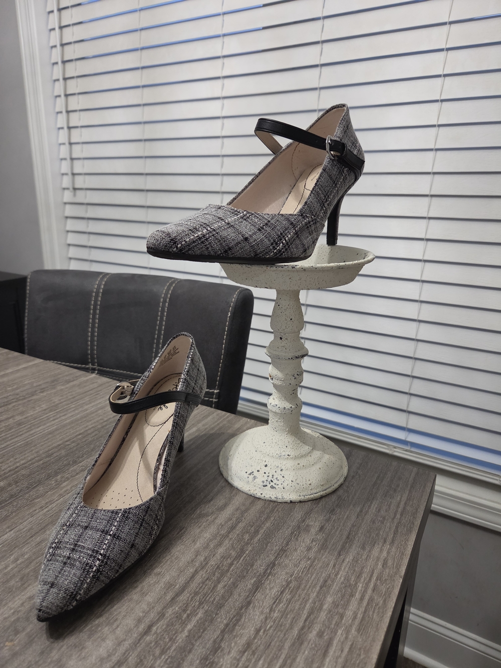 Life Stride Plaid Pointed-Toe Mary Jane Heels in Grey and Black